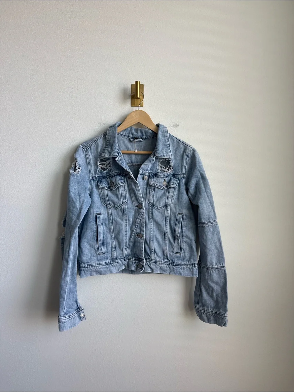 Free People Rumors Distressed Denim Jacket Light Wash Medium